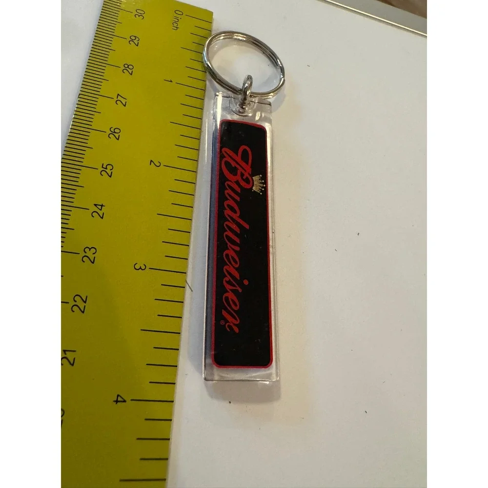 Budweiser Beer Keychain Clear Acrylic Black Red Script Logo Gold Crown Vintage